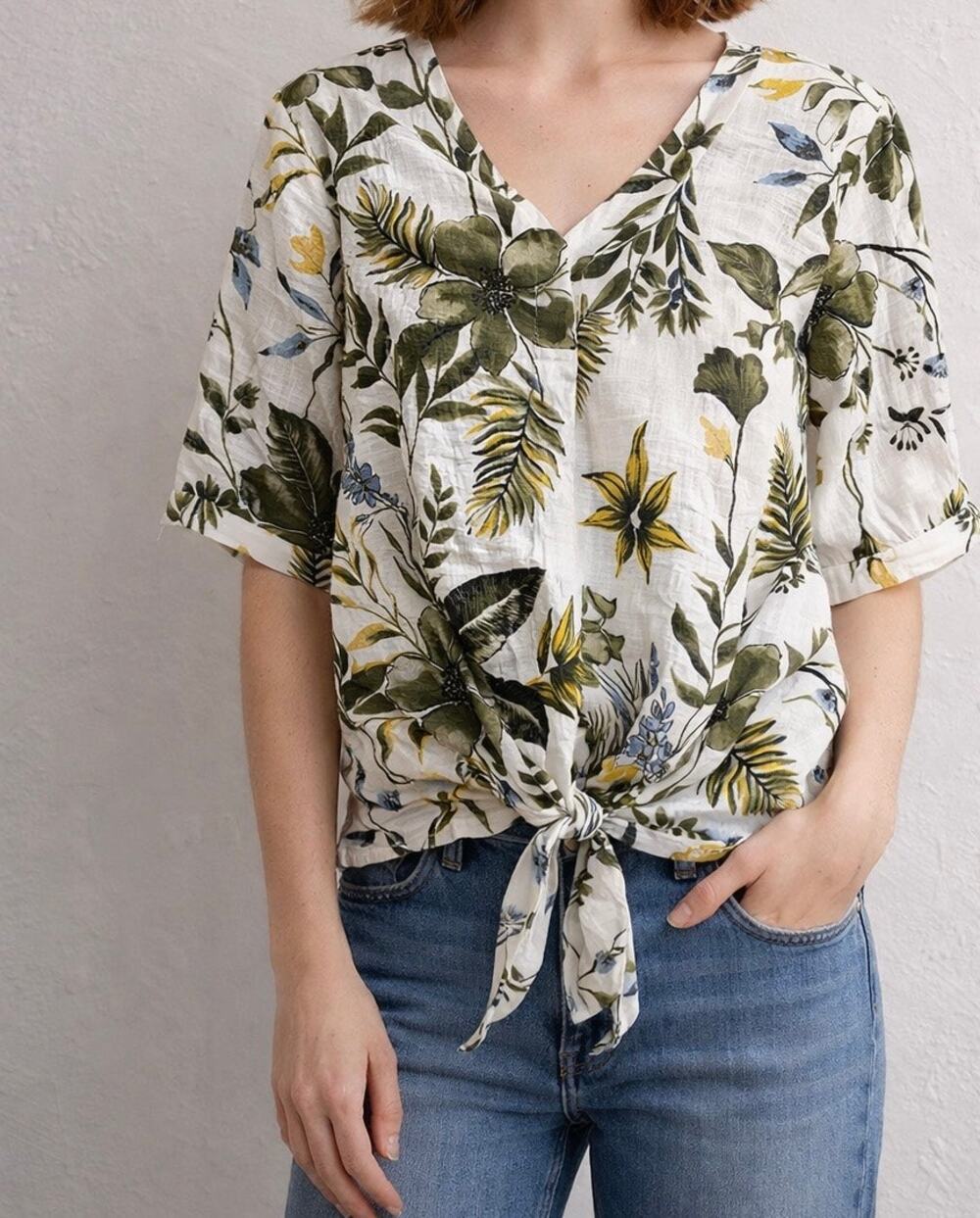 Haver London Floral Tie Front Blouse Medium Linen Blend Cottagecore - Picture 1 of 5